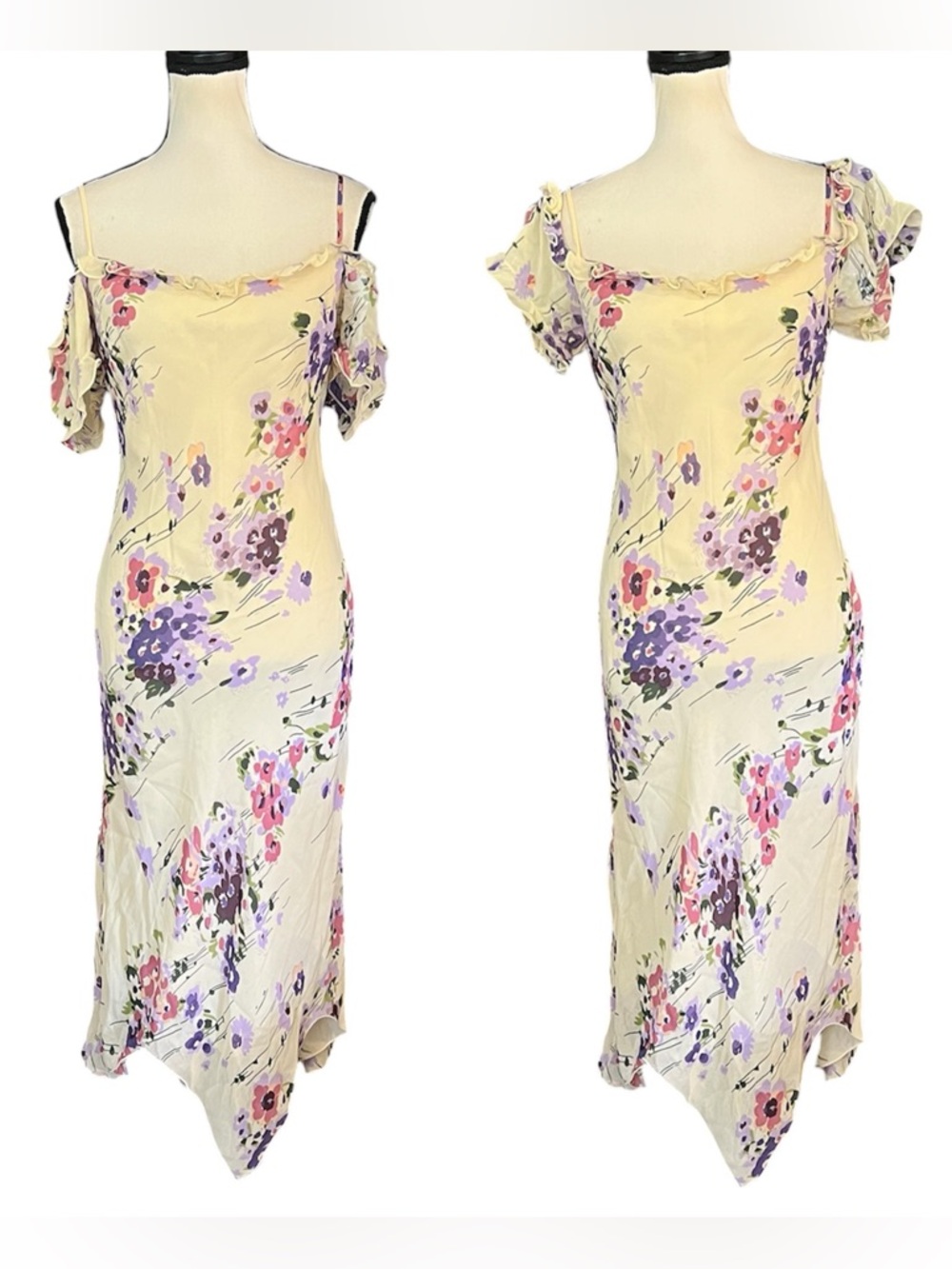 Vintage Betsey Johnson New York Sheer Floral Asymmetric Hem Milkmaid Slip Dress